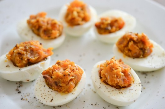 Bacon Deviled Eggs with Caramelized Onions and Cheddar Cheese