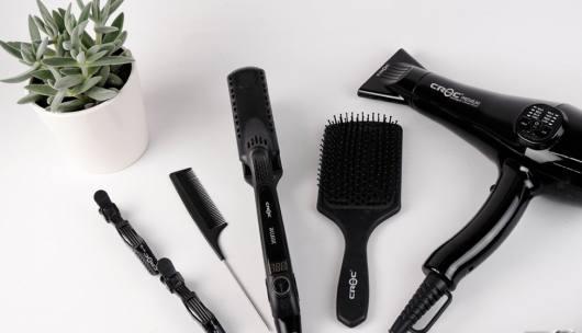 Black hair combs, brushes and fan on the white background with a flower in a pot