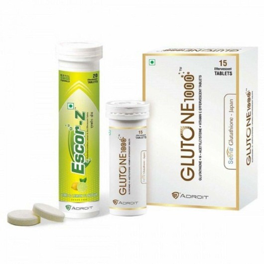 Glutone 1000 and Escor Z supplements on white background