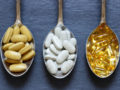 Three spoons on blue with Popular Types of Dietary Health Supplements