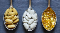 Three spoons on blue with Popular Types of Dietary Health Supplements