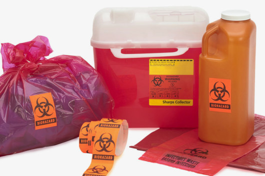 needle disposal container, liquid bodily waste, and bagged medical waste