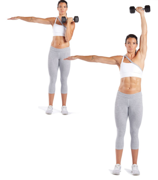 A fit girl on white is doing Dumbbell One Arm Arnold Press exercise 