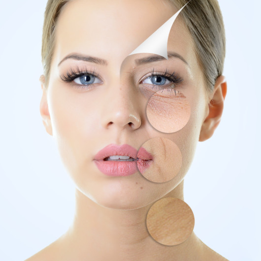 Girls face that shows signs of ageing: fine lines, wrinkles, sunken cheeks