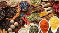 Herbs, spices, berries in plates and spoons on wooden background