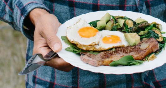 A guy holding a plate with a huge and healthy breakfast 