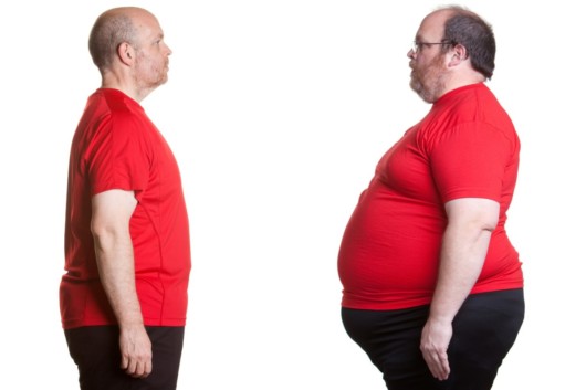 A man in red t-shirt on white background with obesity and without 