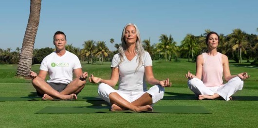 two women and a man are doing yoga on the grass outside. They feel good and peaceful 