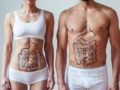 A woman and a man in underwear with gut issues