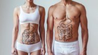 A woman and a man in underwear with gut issues