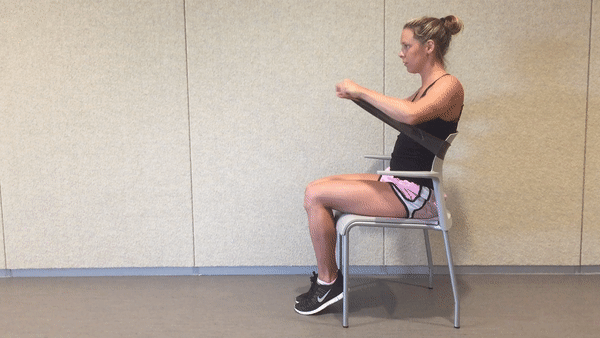 A fit girl in a black top and pinky shorts is sitting on the white chair in the room and doing Seated Resistance Band Chest Press