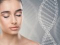 Close up face of a beautiful girl with 3d dna structure on grey