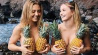 two girls covering their breasts with pineapples and smiling.