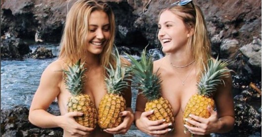 two girls covering their breasts with pineapples and smiling.