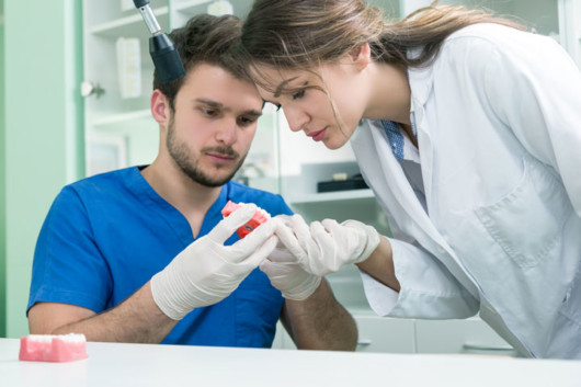 Two dentists are checking the denture closely