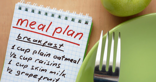 A notepad with a mean plan on the table and a fork with apple and green plate next to it