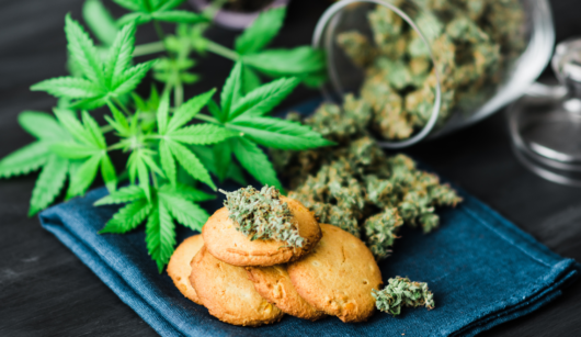 Leaves of hemp and cannabis in the jar and cookies on the dark blue table-napkin