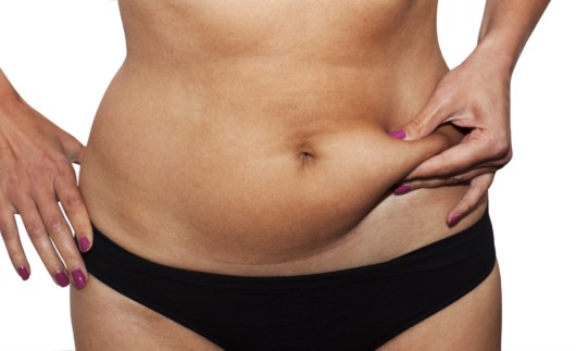 A close up picture of a woman in black panties on white with excessive body fat