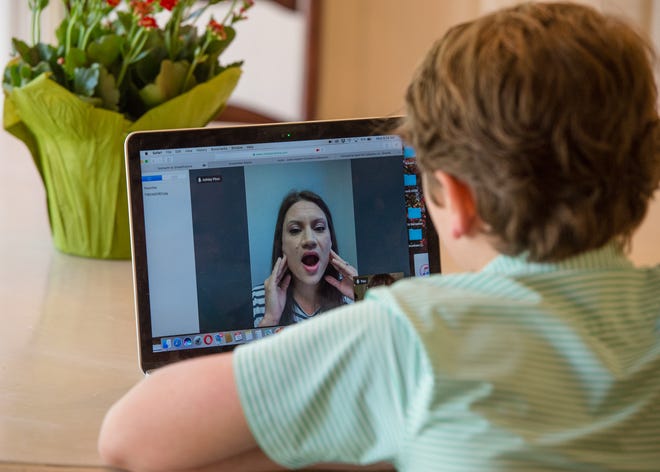 A boy is sitting t the computer and doing teletherapy with a therapist