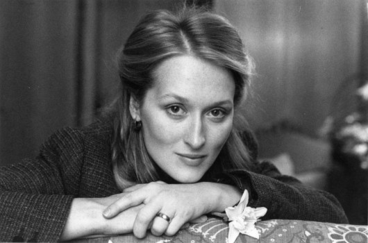 A black and white picture of Meryl Streep