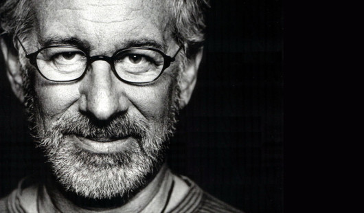 A black and white picture of Stephen Spielberg