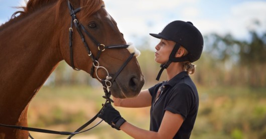 A close up picture of a young girl and a horse